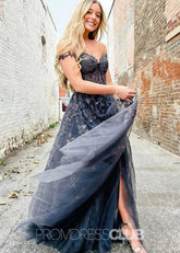 Eartha |Long Navy Blue Prom Dress Lace Tulle With A Line Sweetheart 3D Flower Slit - Navy Blue - PromDressClub